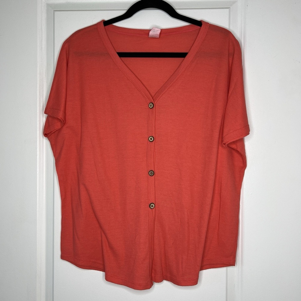 7th Ray Coral Waffle Knit Button Down Top Blouse Size Small Relaxed Fit